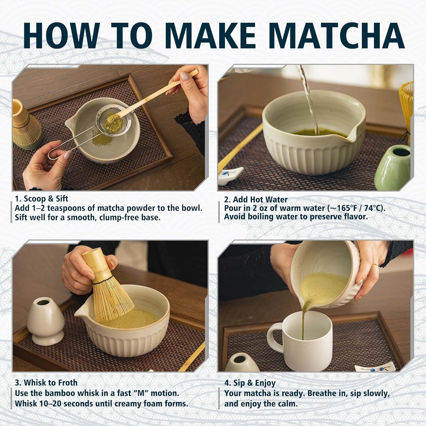 7pcs Matcha Whisk Set with 18oz Spout Bowl, Japanese Tea Ceremony Kit, Natural Bamboo Whisk Scoop, Ceramic Holder Sifter Towel, Best Gift for Beginners and Matcha Lovers