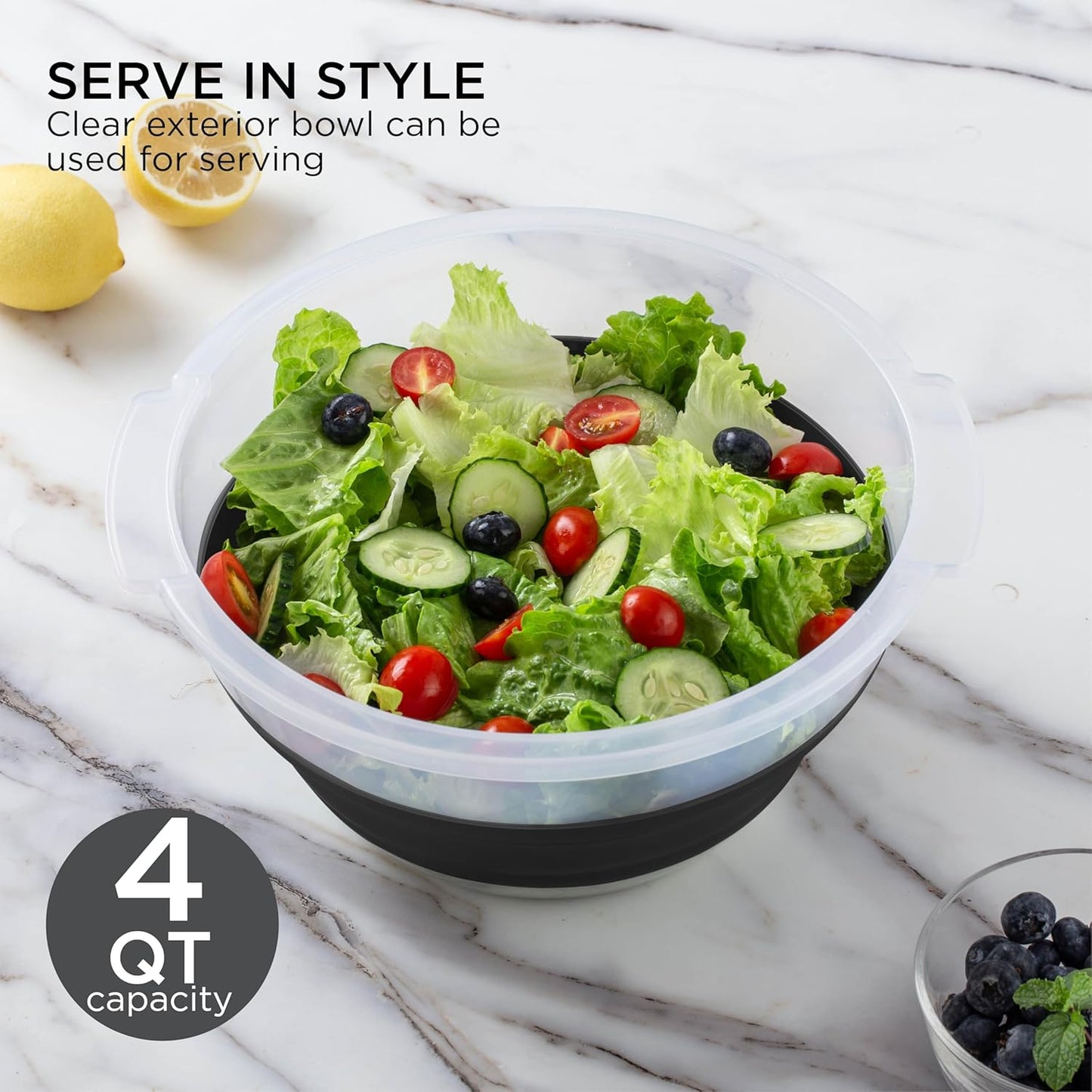 COOK WITH COLOR Collapsible Salad Spinner - 4 QT Space Saving Lettuce Dryer with Folding Collapsible Colander Great for Washing and Drying Fruit and Vegetables (Blue)