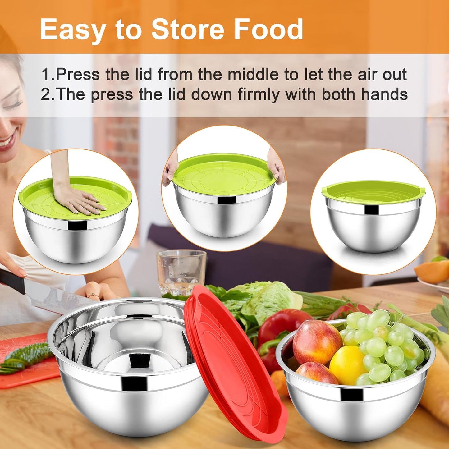 E-far Mixing Bowls with Lids, 6-Piece Stainless Steel Salad Bowls Metal Nesting Bowls for Baking Cooking and Prepping, Airtight Lids & Stackable Design, Size 4.5, 3, 1.5 QT (Black)