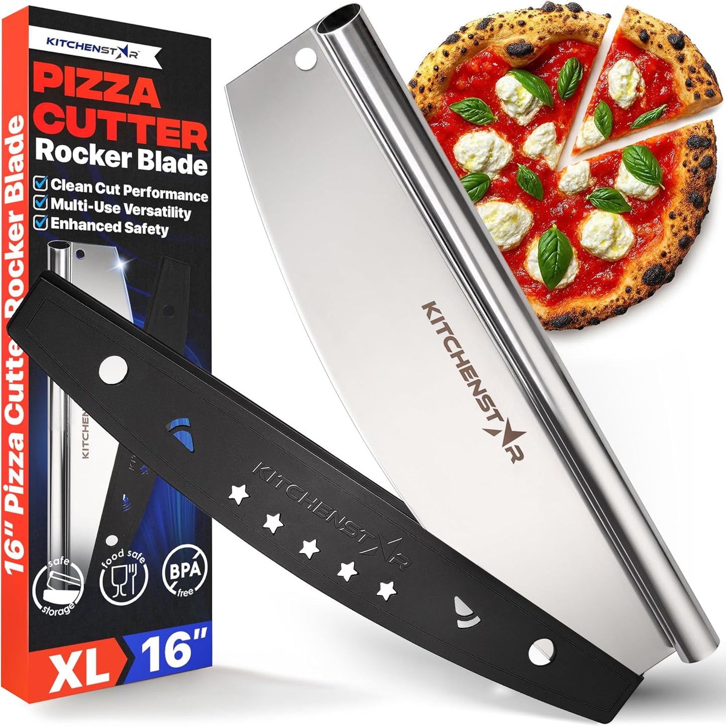 KitchenStar 14-Inch Pizza Cutter Rocker Blade - Sharp Stainless Steel Slicer Knife, Protective Cover, Dishwasher Safe, Large - Professional Pizza Oven Accessories
