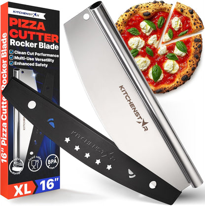 KitchenStar 14-Inch Pizza Cutter Rocker Blade - Sharp Stainless Steel Slicer Knife, Protective Cover, Dishwasher Safe, Large - Professional Pizza Oven Accessories