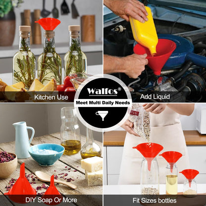 Stainless Steel Funnel, Walfos 3 Pack Kitchen Funnel with 2 Removable Strainer ＆ 1Pcs Cleaning Brush, Perfect for Transferring of Liquid, Oils, Jam, Dry Ingredients & Powder