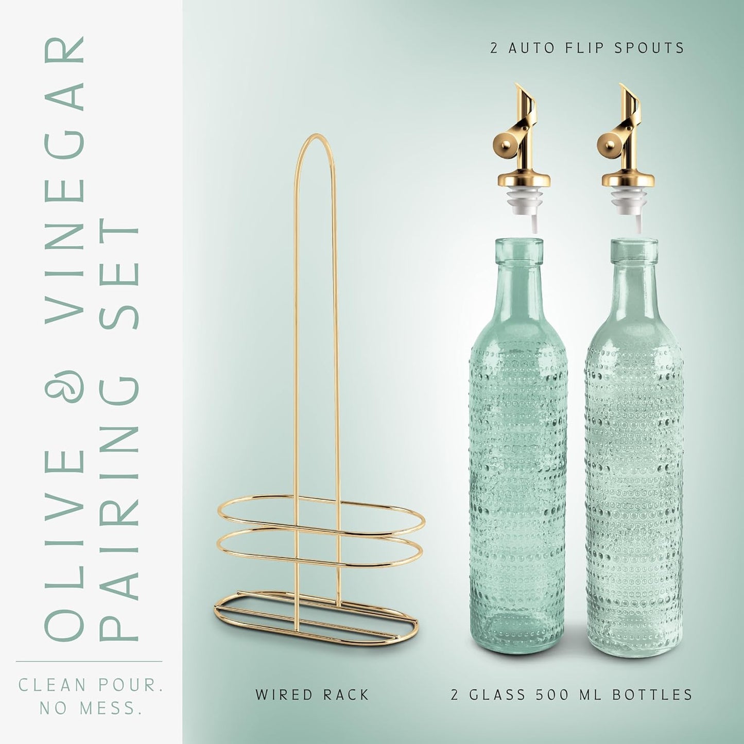 COOK WITH COLOR Glass Olive Oil Bottle Dispenser - 2 Pack- 17oz Oil and Vinegar Cruet - Olive Oil Carafe Decanter for Kitchen, Elegant Waves, Clear