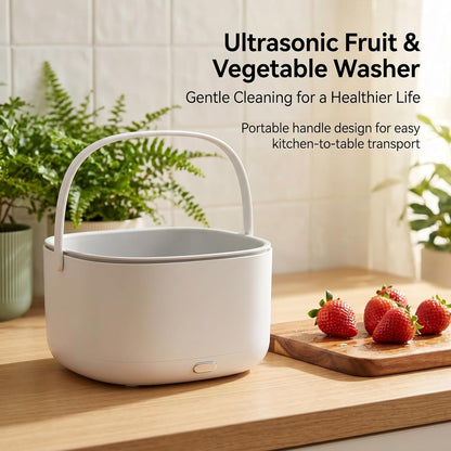 Ultrasonic Fruit Washer and Produce Cleaner Device - Countertop Fruit and Vegetable Washing Machine for Berry & Salad - Cordless Veggie Cleaner with 2-Tier Drain Basket Strainer
