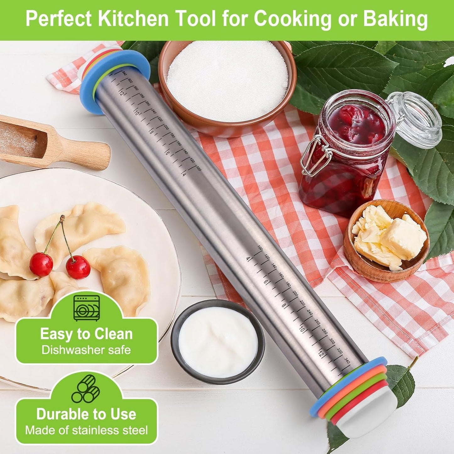 Wood Rolling Pin with Thickness Rings, Adjustable Wooden Rolling Pins for Baking, Dough Roller Pins for Cookie Pastry Tools Cake Baker, Fondant Roller for Decorating Bakery Supplies Kitchen Gadgets