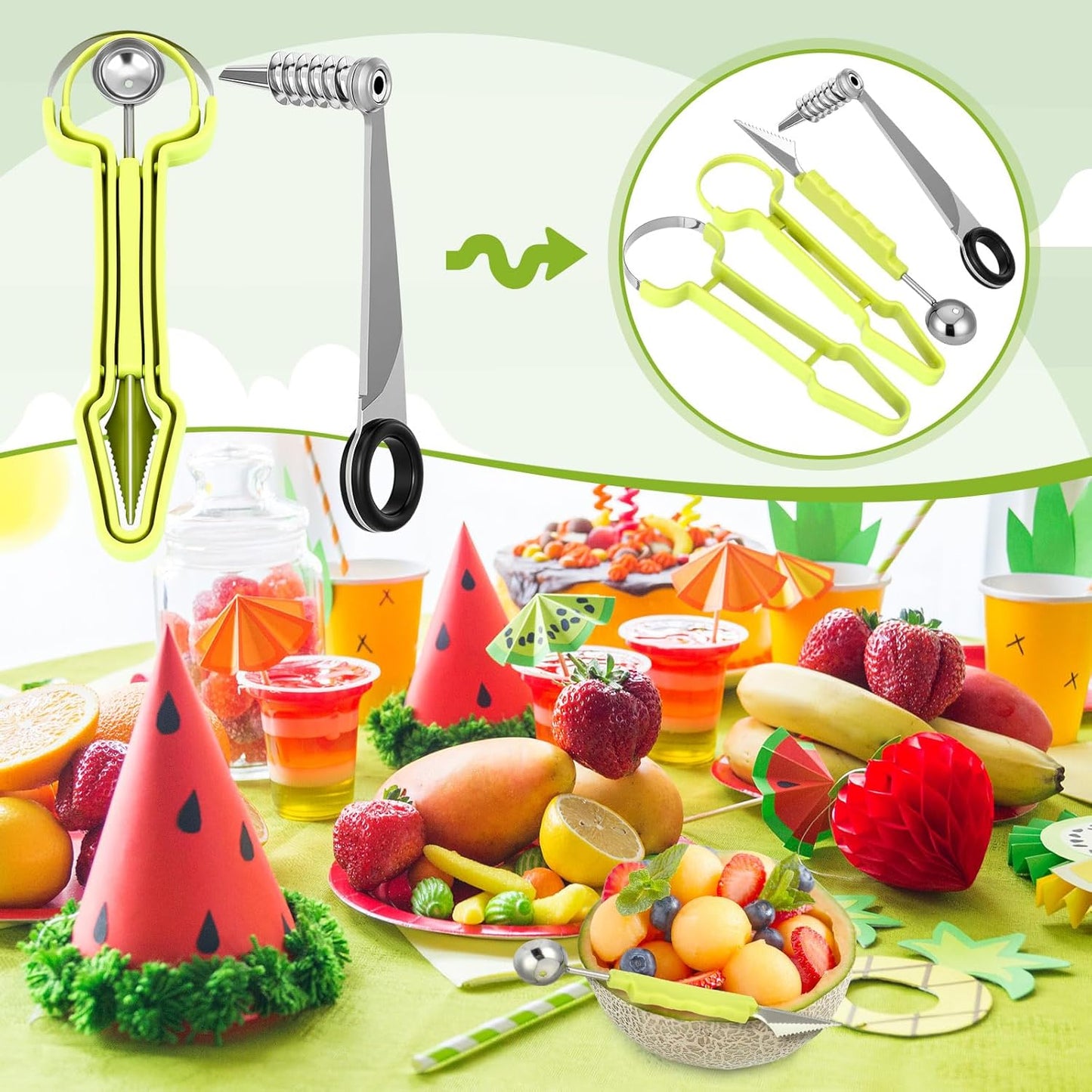 Kitchen Spiral and Melon Baller Scoop Set 4 in 1 Stainless Steel Fruit Scooper Seed Remover Cutter Vegetable Spiral Cutter for Potatoes, Cucumbers, Carrots, Kitchen Food Decoration Tools