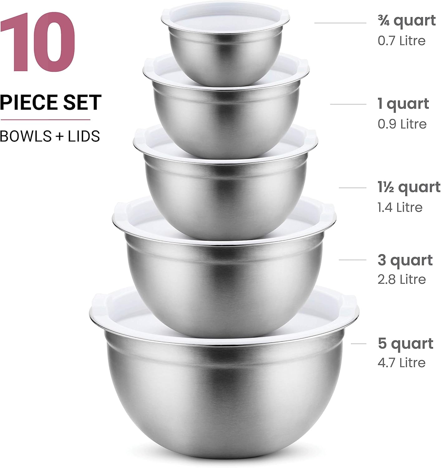 FineDine Stainless Steel Mixing Bowls Set with Lids, Home Kitchen Cooking Essentials Household Must Haves for Baking, 5 Pieces