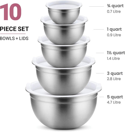 FineDine Stainless Steel Mixing Bowls Set with Lids, Home Kitchen Cooking Essentials Household Must Haves for Baking, 5 Pieces
