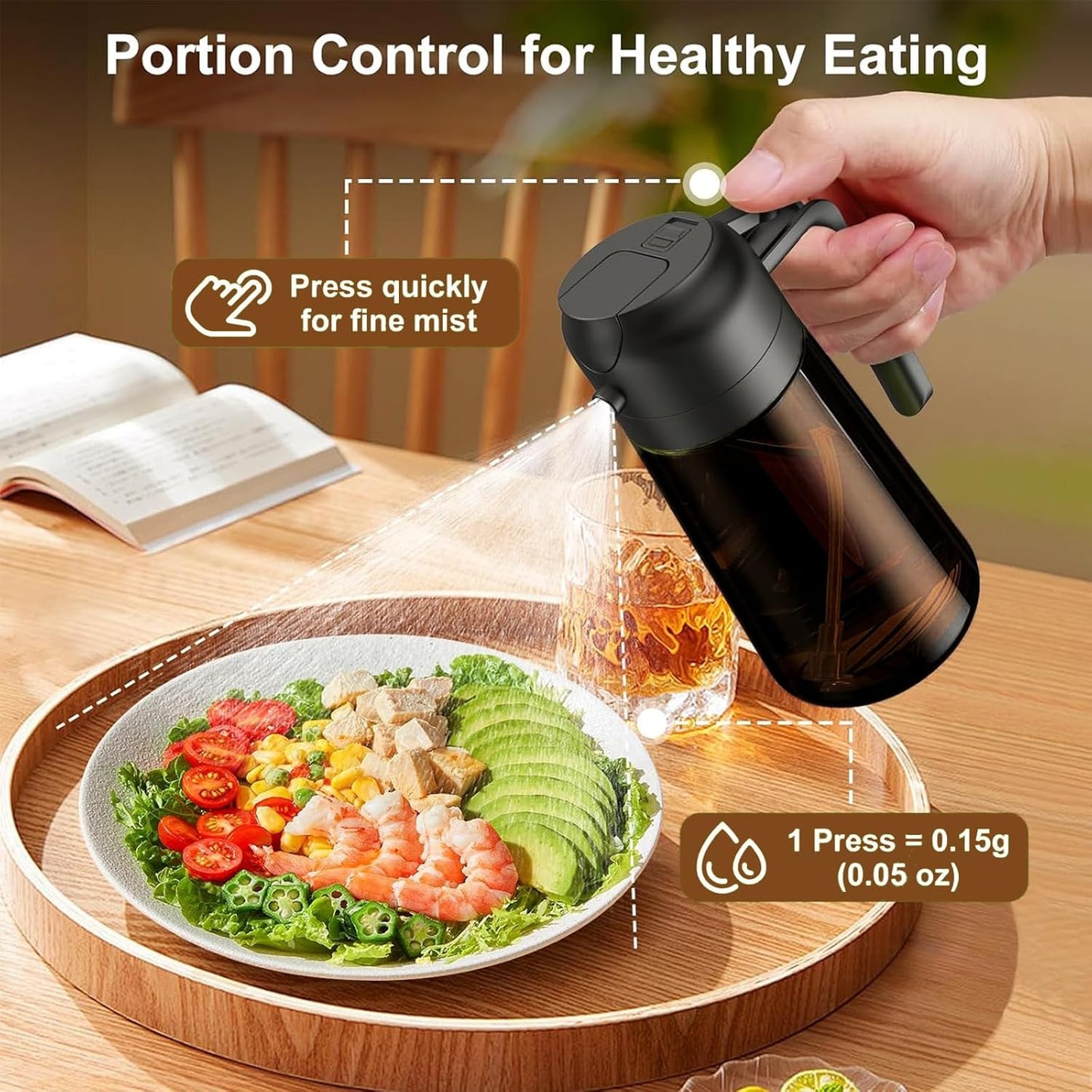 LAKUMIQI 2-in-1 Olive Oil Sprayer for Air Fryer – 16oz Glass Oil Dispenser & Cooking Oil Mister – Spray & Pour Bottle, Non-Aerosol, Leak-Resistant, for Salad, BBQ, Kitchen