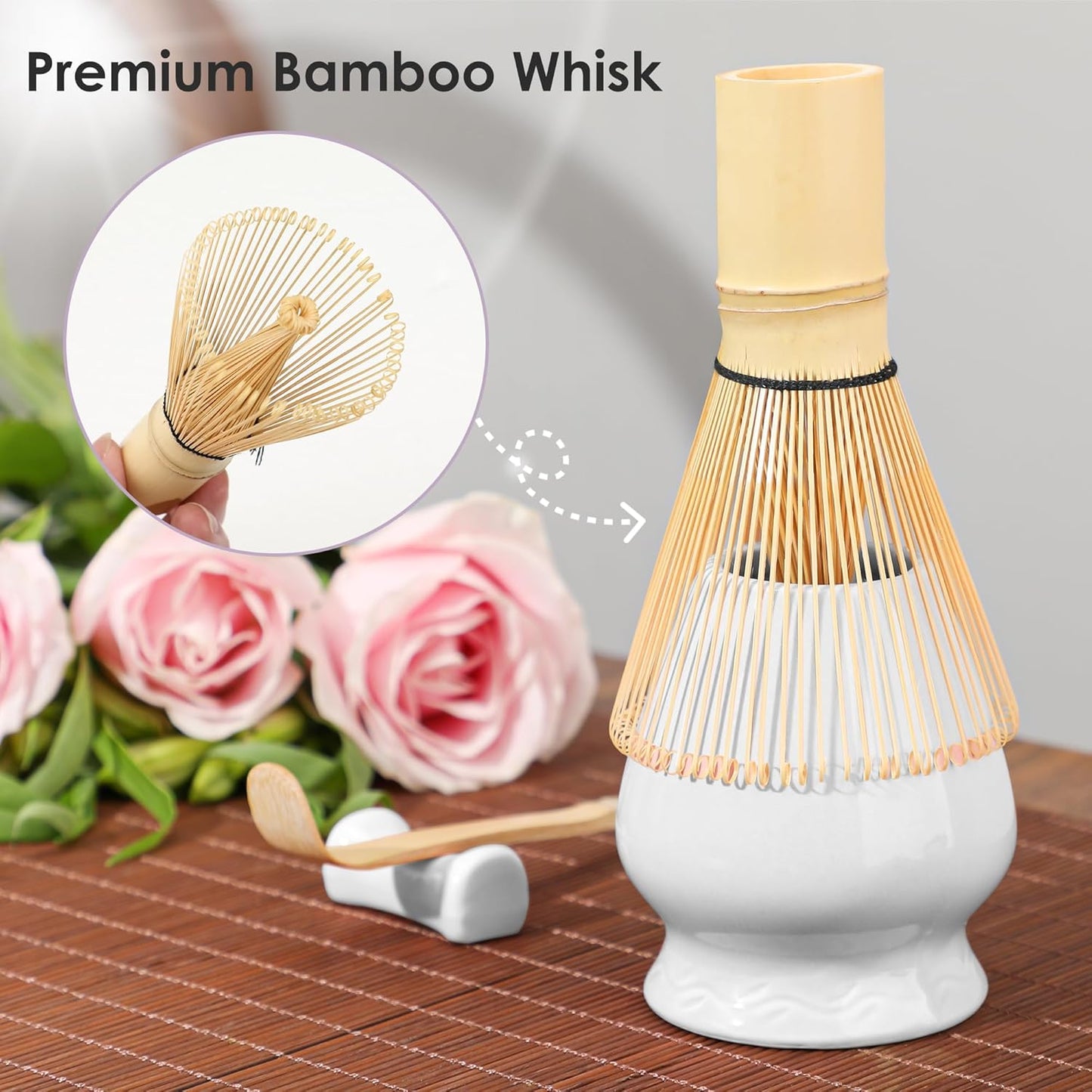 Matcha Whisk Set Matcha Kit - 7 Pcs Japanese Tea Set Includes Matcha Bowl with Spout,Bamboo Whisk with Ceramic Holder,Bamboo Scoop and Rest,Sifter,Tea Towel, for Ceremony Matcha Lovers Gift,Green