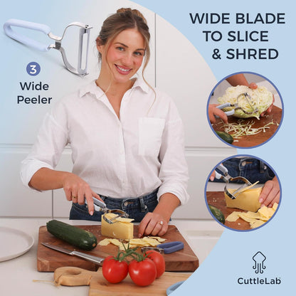 CuttleLab Vegetable Peeler Set – Serrated, Straight & Wide Blades- great apple peeler & potato peelers, Carrots, Zucchini, Cucumbers – Soft Grip Handle- Eye Remover – Dishwasher Safe (3, Country Chic)