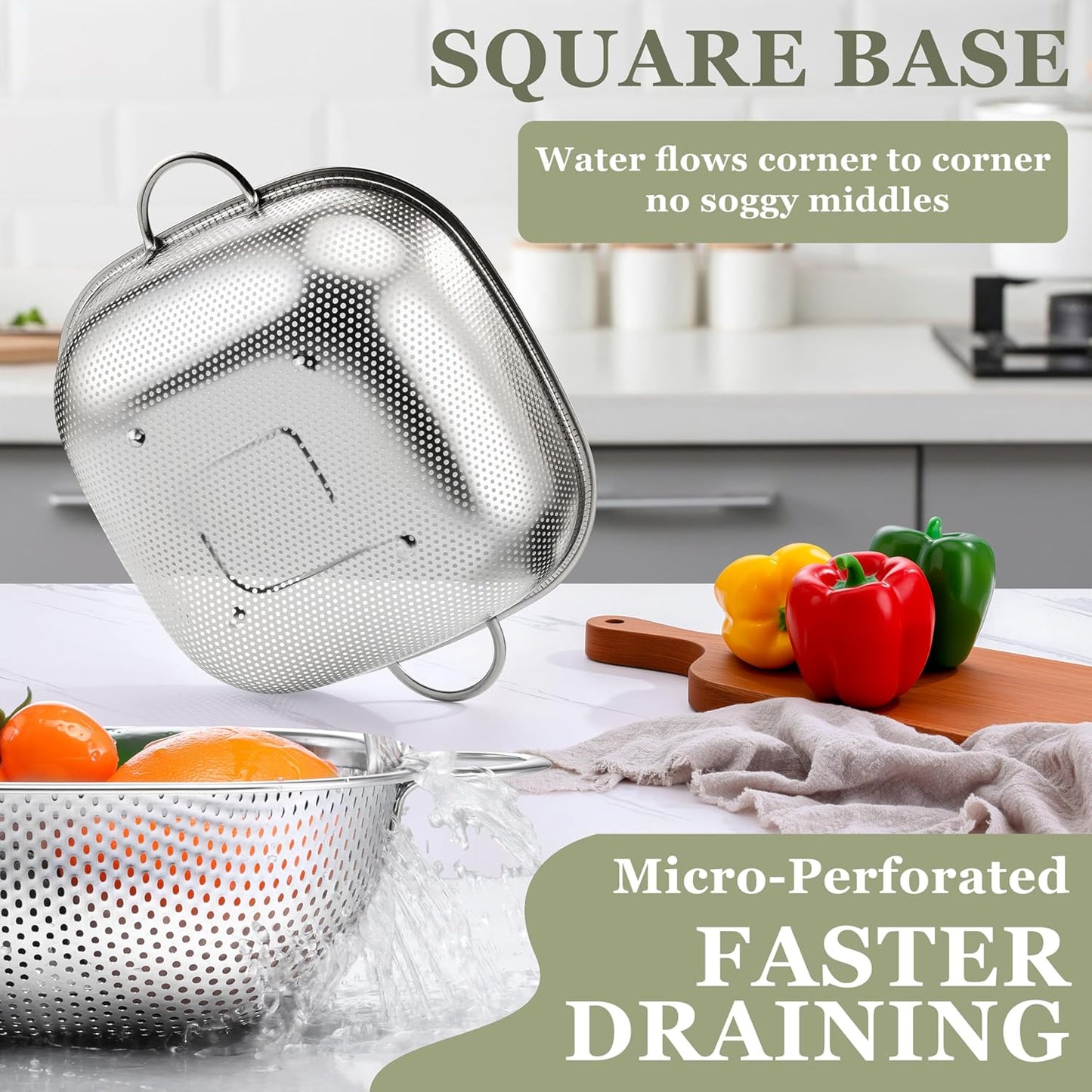 E-far 3 Pack Colander for Kitchen, Square Stainless Steel Metal Strainer Colander with Handle for Draining Food Pasta Vegetable, Micro-Perforated & Elevated Feet, Dishwasher Safe(2.4/4/6QT)