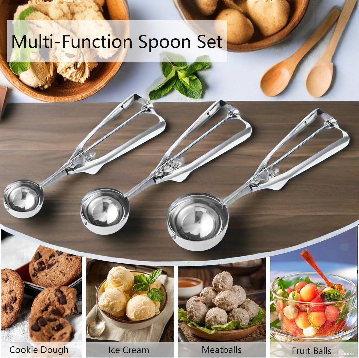 Coraltree Ice Cream Scoop, 3Pcs Cookie Scoop Set, Small/Medium/Large Stainless Steel Scoops, Professional Scoop with Trigger Release for Baking, Cookie, Fruit and Ice Cream