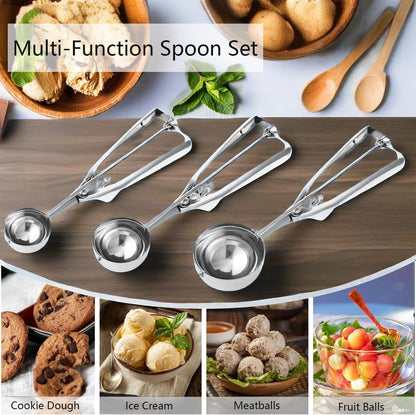 Coraltree Ice Cream Scoop, 3Pcs Cookie Scoop Set, Small/Medium/Large Stainless Steel Scoops, Professional Scoop with Trigger Release for Baking, Cookie, Fruit and Ice Cream