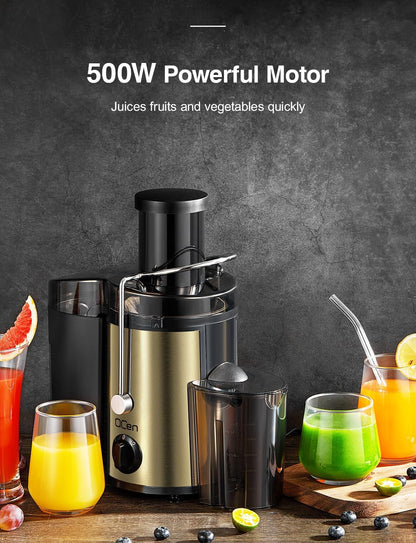Qcen Juicer Machine, 500W Centrifugal Juicer Extractor with Wide Mouth 3” Feed Chute for Fruit Vegetable, Easy to Clean, Stainless Steel, BPA-free (Black)