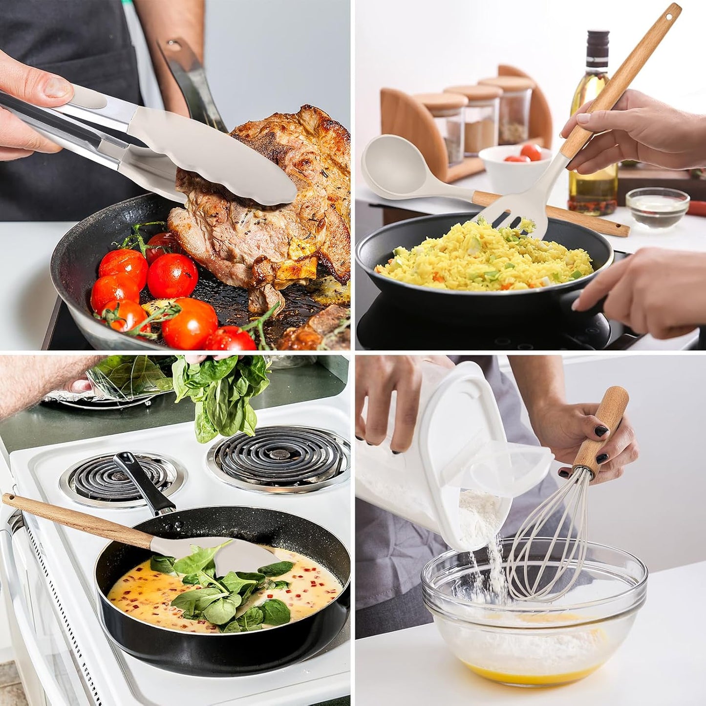 E-far Cooking Utensils Set of 6, Silicone Kitchen Utensils with Wooden Handle, Non-stick Cookware Friendly & Heat Resistant, Includes Spatula/Ladle/Slotted Turner/Serving Spoon/Spaghetti Server(Khaki)