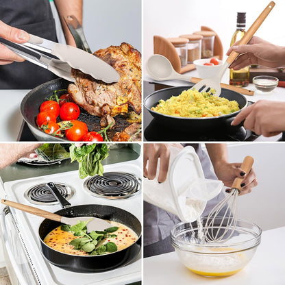 E-far Cooking Utensils Set of 6, Silicone Kitchen Utensils with Wooden Handle, Non-stick Cookware Friendly & Heat Resistant, Includes Spatula/Ladle/Slotted Turner/Serving Spoon/Spaghetti Server(Khaki)