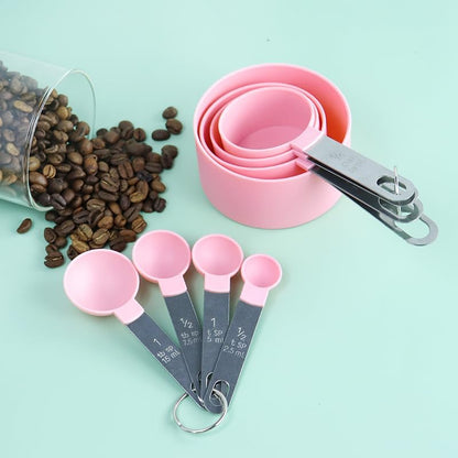8 Pcs Measuring Cups and Spoons Set, Includes 4 Stainless Steel Nesting Measuring Cups & 4 Mini Measuring Spoons,Stackable Handle Accurate Tablespoon for Measuring Dry and Liquid Ingredients(Pink)