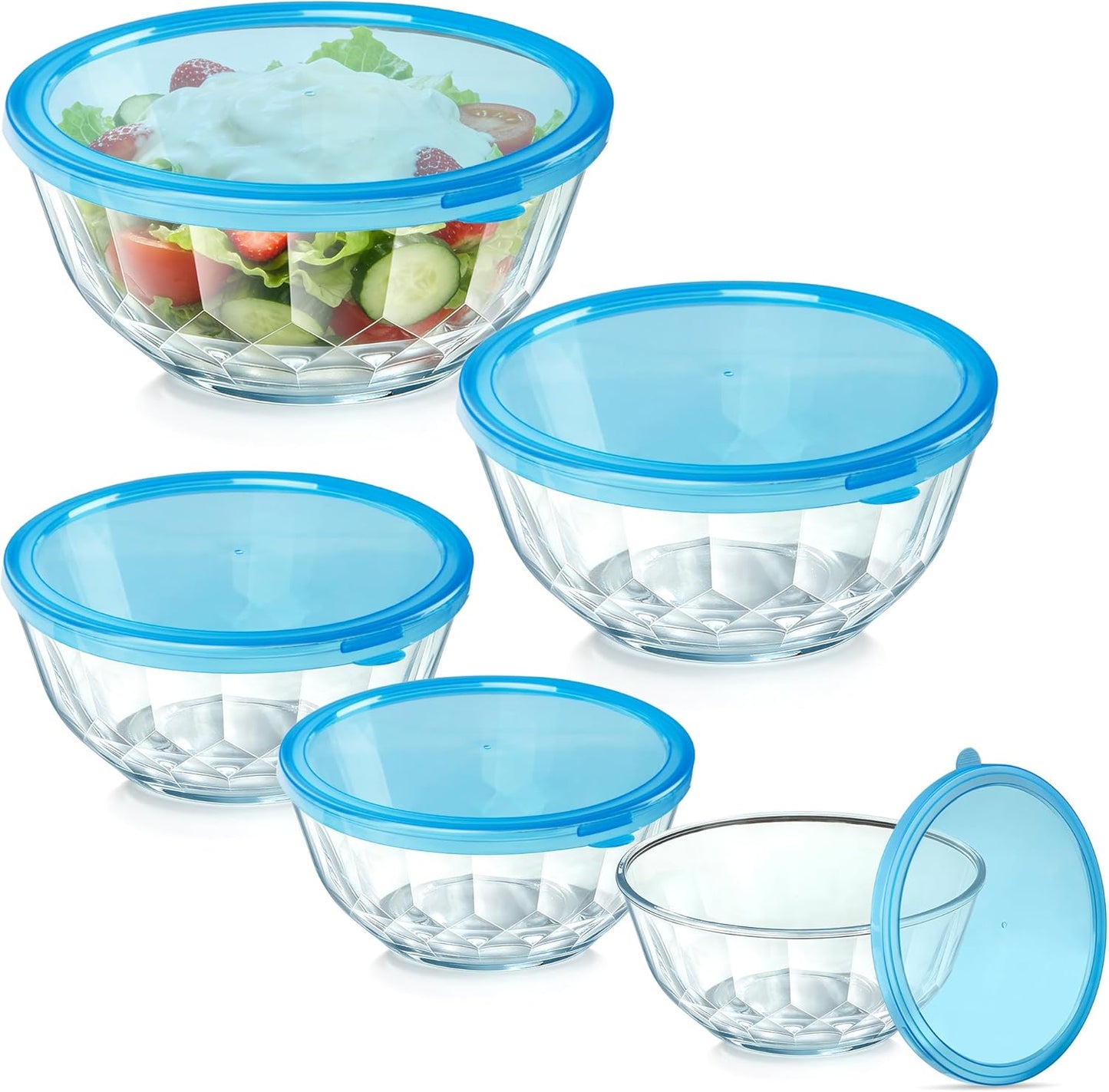 ENVTEK Thick Glass Mixing Bowls with Airtight Lids Set, 5-Piece Nesting Bowls for Baking & Meal Prep, BPA Free, Dishwasher Safe, 0.5/0.8/1.6/2.7/4.4 Quart - Gray