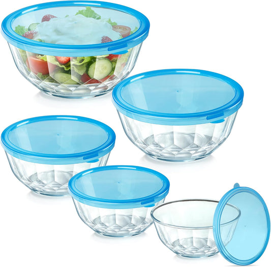 ENVTEK Thick Glass Mixing Bowls with Airtight Lids Set, 5-Piece Nesting Bowls for Baking & Meal Prep, BPA Free, Dishwasher Safe, 0.5/0.8/1.6/2.7/4.4 Quart - Gray