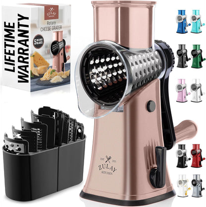 Zulay Kitchen Rotary Cheese Grater 5 Blade Cheese Shredder - Manual Hand Crank Cheese Grater With Reinforced Suction & 5 Interchangeable Drums - Easy to Use, Vegetable Chopper Round Mandoline Slicer - Colors A