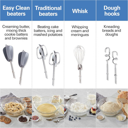 Hamilton Beach 6-Speed Electric Hand Mixer with Whisk, Dough Hooks and Easy Clean Beaters, Powerful 275 Watt Motor, Snap-On Storage Case, Black