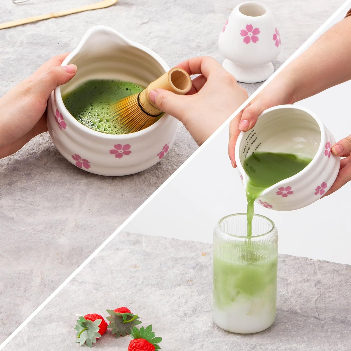 5pcs Premium Matcha Set,Ceramic Bowl with Spout and Bamboo Whisk set, Ceremonical Matcha Kit for breakfast/latte,Tea Starter Making Kit,Unique Matcha Gift set (pink love)