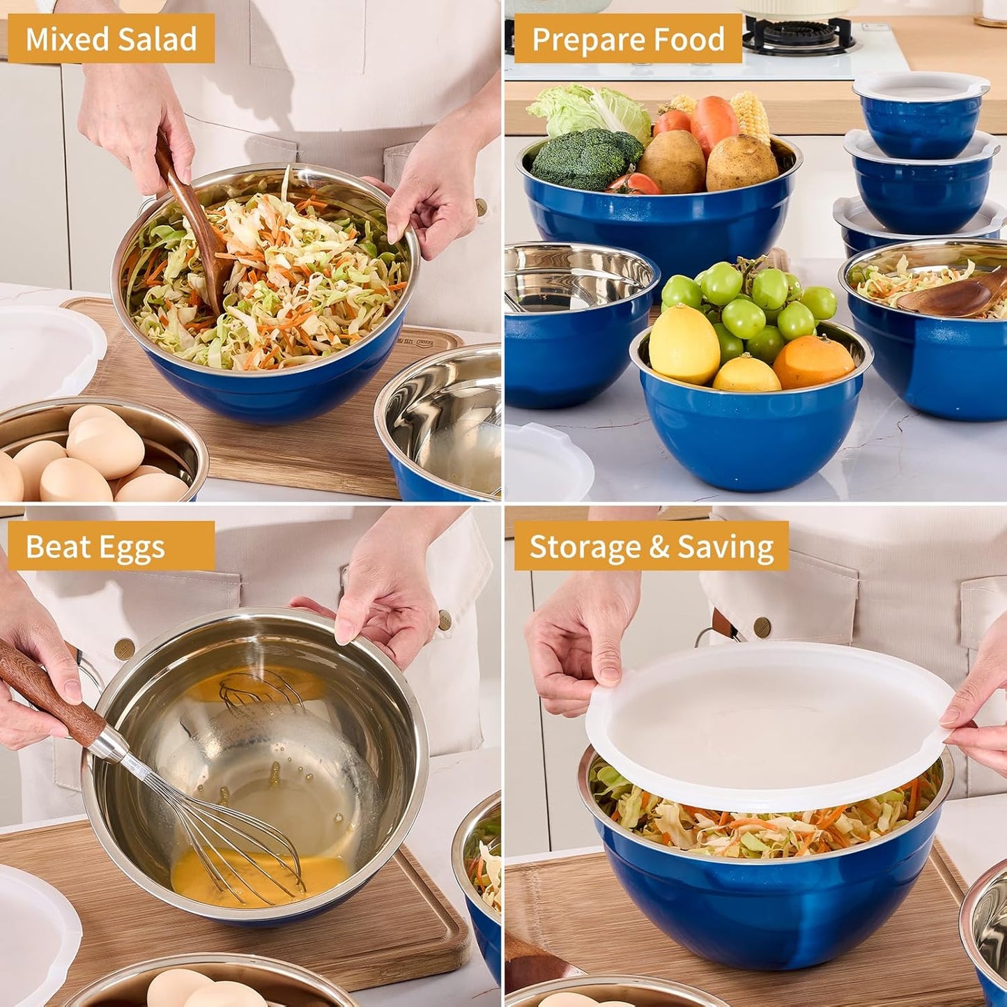 Colorful Mixing Bowls with Airtight Lids, Stainless Steel Nesting Mixing Bowls Set of 7, Ideal for Baking, Prepping and Serving Food, Size 7, 3.6, 2.7, 2.1, 1.5, 1.1,0.8 QT, Stackable Design