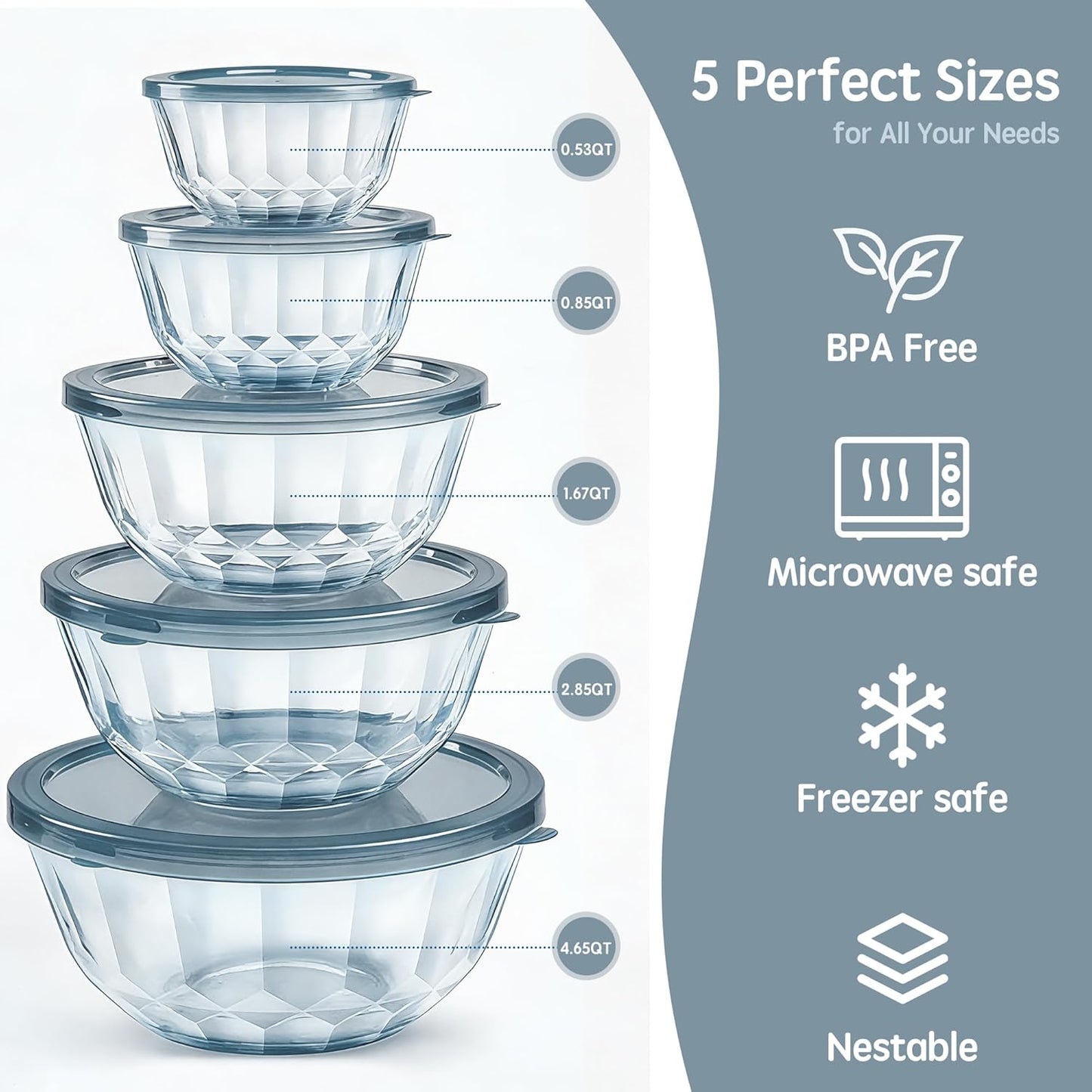 ENVTEK Thick Glass Mixing Bowls with Airtight Lids Set, 5-Piece Nesting Bowls for Baking & Meal Prep, BPA Free, Dishwasher Safe, 0.5/0.8/1.6/2.7/4.4 Quart - Gray