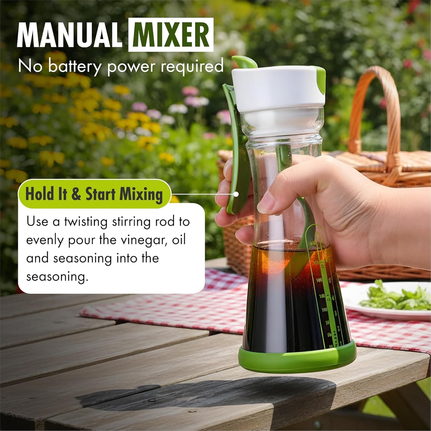Salad Dressing Shaker Bottle with Spiral Mixer – Manual Salad Dressing Mixer, Leak Proof Oil and Vinegar Dressing Container with Measurements – Reusable BPA Free Salad Dressing Maker
