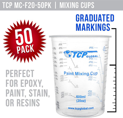 TCP Global 20 oz. (600ml) Graduated Plastic Mixing Cups - Box of 25 - Disposable Plastic Measuring Cups for Liquids, Paints, Resin, Epoxy, Art, Kitchen - Ratios 2-1, 3-1, 4-1 ML
