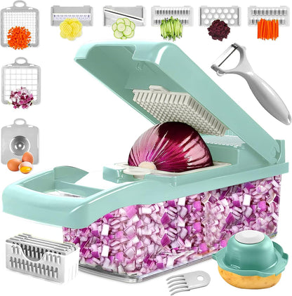 Vegetable Chopper 16 in 1 with Container, Veggie Chopper Food Chopper and Dicer, Onion Chopper Vegetable Cutter with 8 Stainless Steel Blades, Easy Meal Prep Kitchen Tool, Green