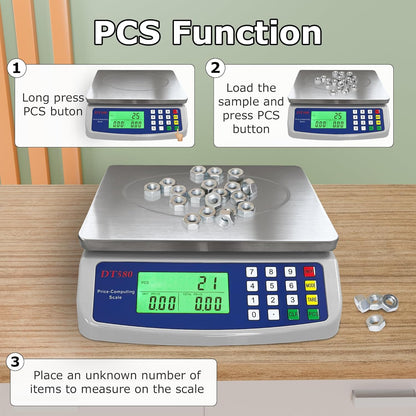 Large Digital Kitchen Scale 40kg/88lb Stainless Steel Price Computing Scale Counting Scale Deli Scale with LCD Display for Baking Bread Cooking Meat Prep Parts and Coins Adapter Included