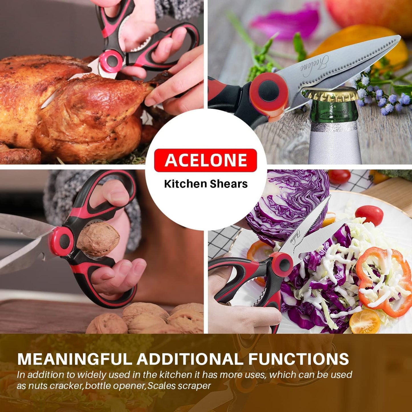 Kitchen Shears, Acelone Premium Heavy Duty Shears Ultra Sharp Stainless Steel Multi-function Kitchen Scissors for Chicken/Poultry/Fish/Meat/Vegetables/Herbs/BBQ… (Red black)
