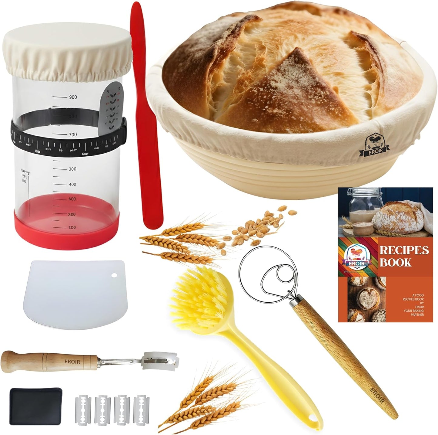 EROIR 13" Danish Dough Whisk Bread Lame Bowl Scraper Set - Dutch Sourdough Whisk Double Eye, Dough Scraper, Bread Scorer with 10 Blades and Leather Cover