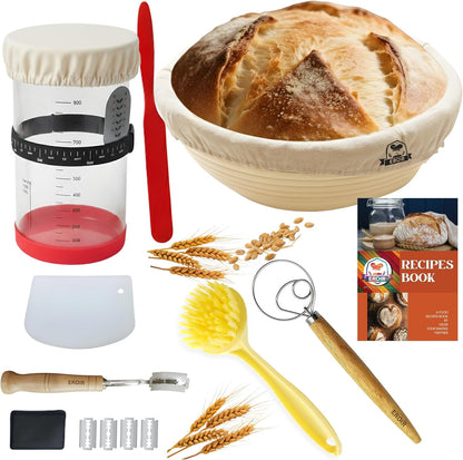 EROIR 13" Danish Dough Whisk Bread Lame Bowl Scraper Set - Dutch Sourdough Whisk Double Eye, Dough Scraper, Bread Scorer with 10 Blades and Leather Cover