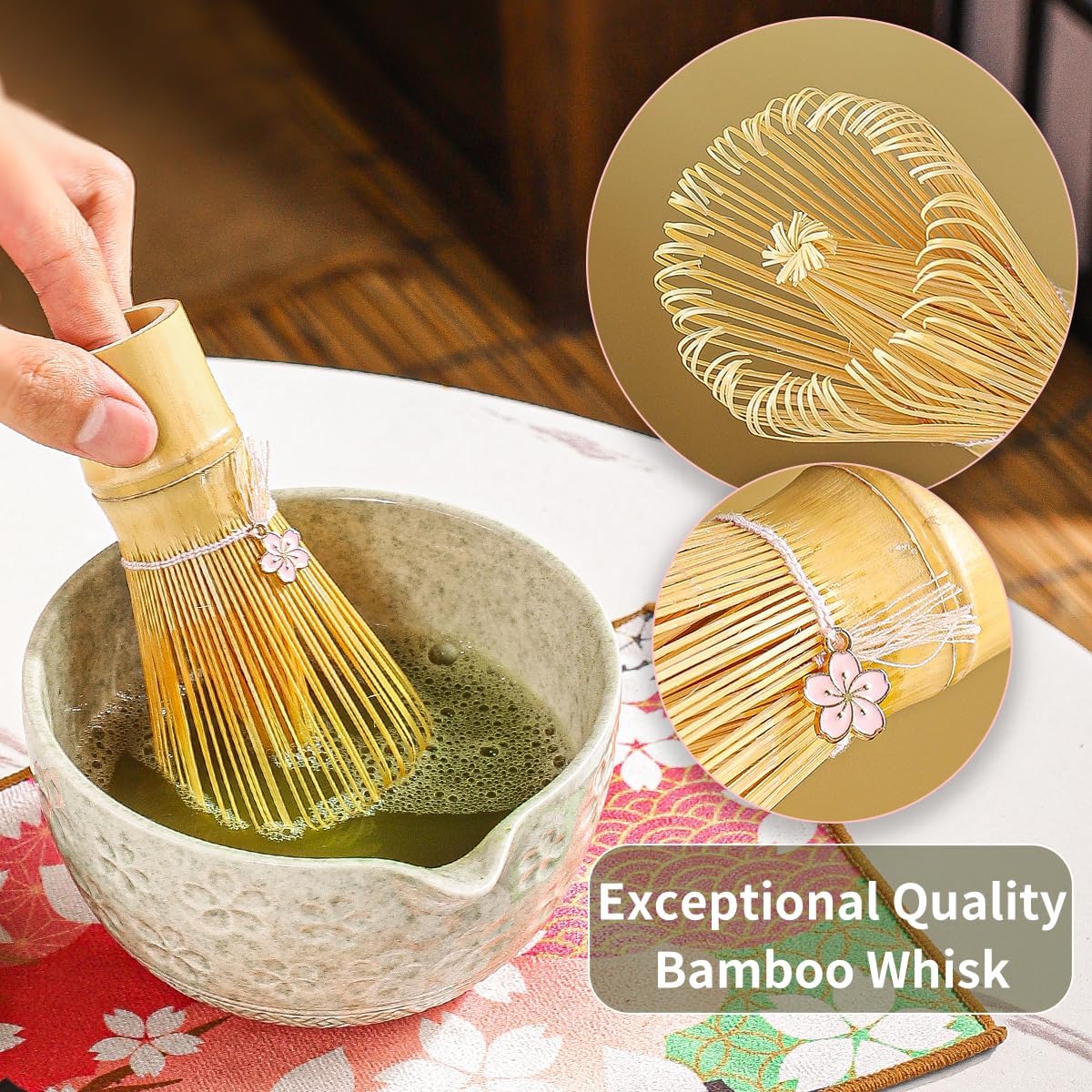 8-Piece Matcha Ceremony Set - Tea Kit with Cherry Blossom Bowl, Bamboo Whisk, Wood Scoops, Tea Cloth & Floral Display - Gift-Ready Pink Cherry color box (blue)