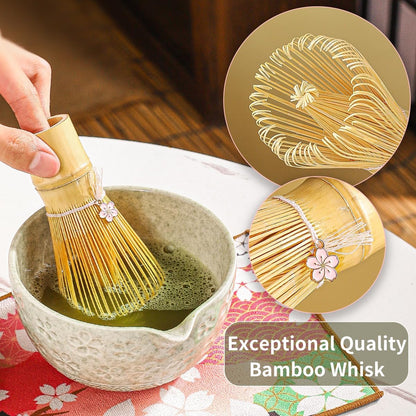 8-Piece Matcha Ceremony Set - Tea Kit with Cherry Blossom Bowl, Bamboo Whisk, Wood Scoops, Tea Cloth & Floral Display - Gift-Ready Pink Cherry color box (blue)