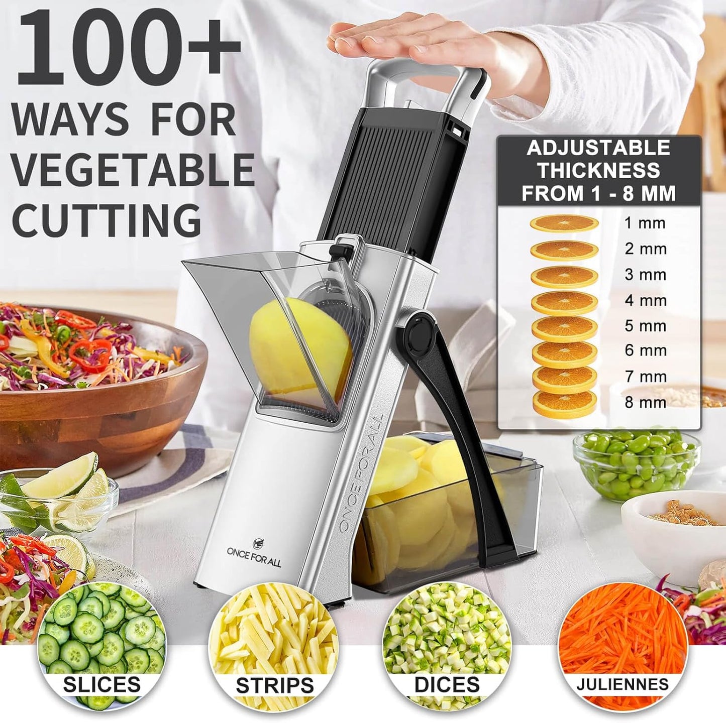 ONCE FOR ALL Upgrade Safe Mandoline Slicer Plus, Adjustable Vegetable Food Chopper Potato Fries French Fry Cutter, Detachable Blade, Kitchen Chopping Artifact, New Kitchen Gift (DarkGray)