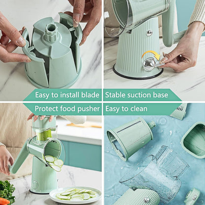 Rotary Cheese Grater with Handle: 5 in 1 Cheese Grater Hand Crank Cheese Shredder with Strong Suction Base Kitchen Vegetable Slicer with 5 Interchangeable Blades, Storage Box, White