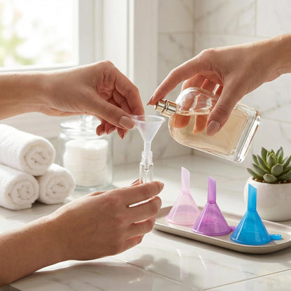 Mini Funnels 8-Pack with Spoon | Small Funnel Set for Filling Tiny Bottles, Essential Oils, Powder, Spices, Glitter | Food-Grade Plastic, Multicolor (Pink, Blue, Clear) for Crafts & Perfume