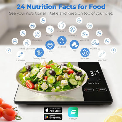 Smart Nutrition Food Scale with App - 1g Precision Digital Kitchen Scale, Tracks Calories & 24 Nutrients, Macros, Fat & Protein for Keto, Fitness & Meal Prep, 11lb/5kg with Tare Function