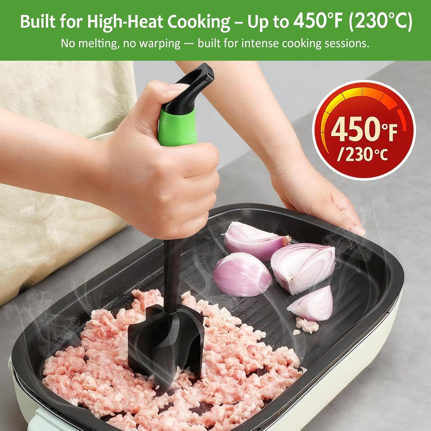 Ourokhome Meat Chopper and Potato Masher, Heat Resistant Nylon Ground Beef Smasher for Hamburger, 5 Curved Blades Nonstick Mixer & Stirrer, Practical Kitchen Gadgets, Black