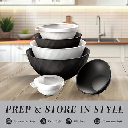 COOK WITH COLOR Mixing Bowls with Lids - 12 Piece Plastic Nesting Bowls Set includes 6 Prep Bowls and 6 Lids, Microwave Safe Mixing Bowl Set, Black Embossed - Colors A