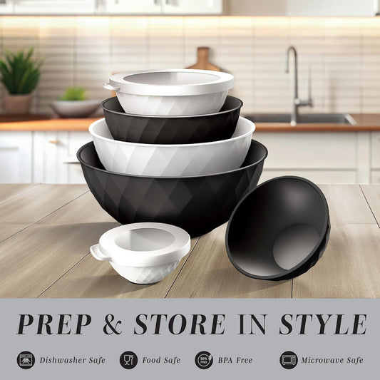 COOK WITH COLOR Mixing Bowls with Lids - 12 Piece Plastic Nesting Bowls Set includes 6 Prep Bowls and 6 Lids, Microwave Safe Mixing Bowl Set, Black Embossed - Colors A