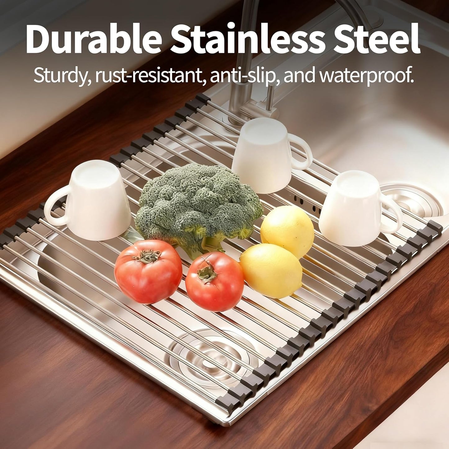Roll Up Dish Drying Rack for Over Sink - 17.5"x15.7" Foldable Stainless Steel Kitchen Drainer, Black
