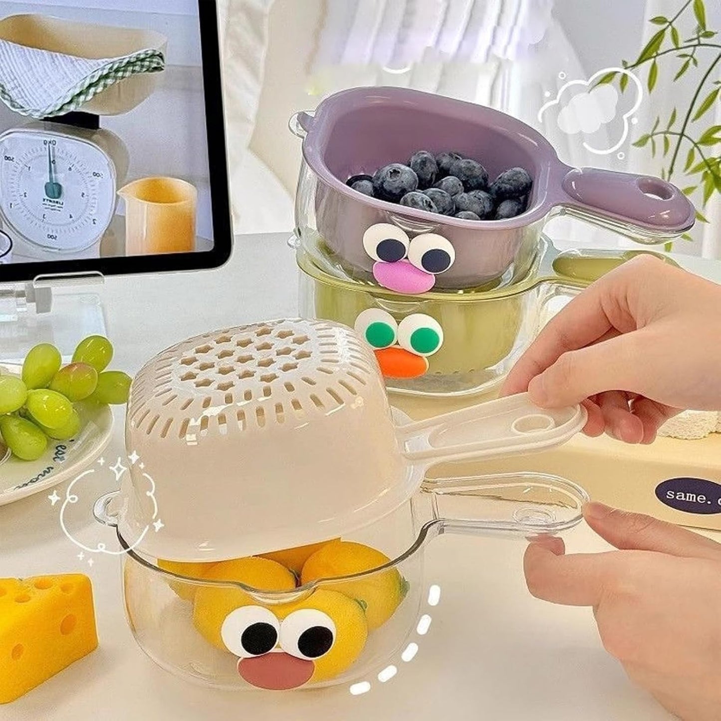 3pcs Fruit Washing Bowl with Strainer, Premium Thickened Double-Layer Design, Ergonomic Handles, Drain Basket for Kitchen Fruits Vegetables, Green Purple White