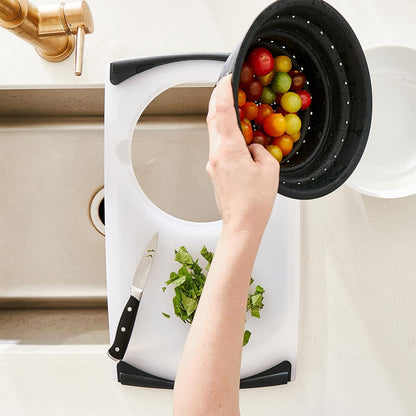 Dexas Over the Sink PolyFiber Flax Cutting Board with Collapsible Colander Strainer, 11.5 x 20", Cream