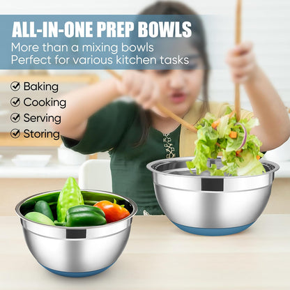 E-far Stainless Steel Mixing Bowls with Lids Set, 5-Piece Nesting Salad Bowls with 3 Grater Attachments and Non-Slip Bottoms, Size 4.6, 2.6, 2, 1.5, 1QT for Kitchen (Black)