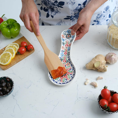 Handmade Spoon Rest, Ceramic Spoon Rest for Stove Top, 10" Spoon Rest for Kitchen Counter, Dishwasher Safe Spoon Holder for Stove, Housewarming Gifts Utensil Rest, Colorful Spoon Rests (Black)